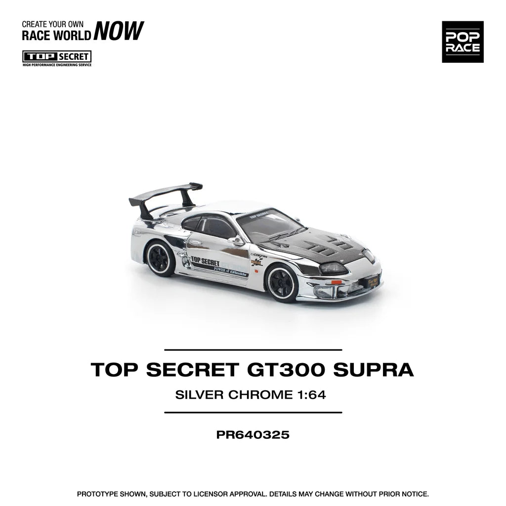 Pop Race 1:64 Top Secret GT300 Supra A80 Chrome Silver Carbon Hood Openable Front Hood Detailed Engine (PR640325)
