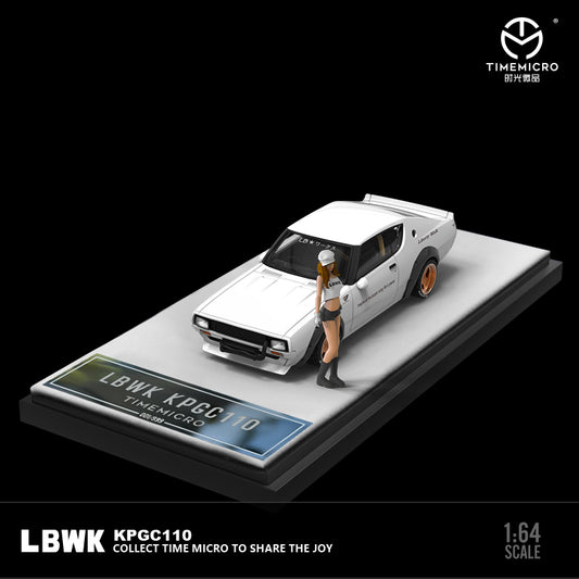 Time Micro 1/64 Nissan Skyline 2000GT-R KPGC110 LBWK Liberty Walk White with model girl miniature figure