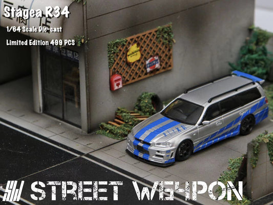 Street Weapon 1/64 Nissan Stagea Skyline GT-R R34 Wagon Silver & Blue