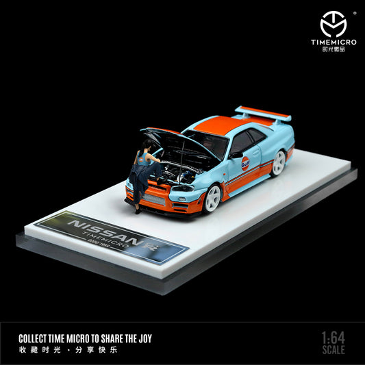 Time Micro 1/64 Nissan Skyline GT-R R34 Open Bonnet Engine Hood Gulf Edition with Model Girl Miniature Figure