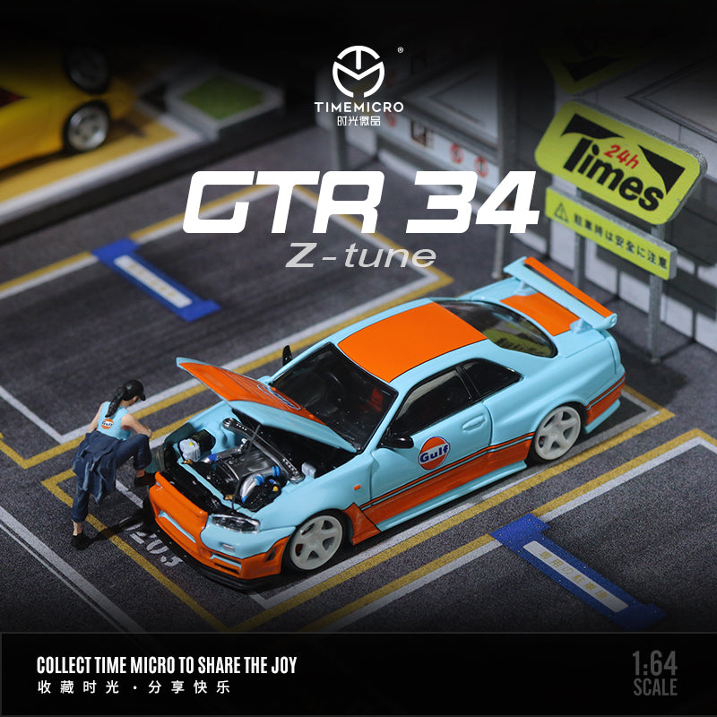 Time Micro 1/64 Nissan Skyline GT-R R34 Open Bonnet Engine Hood Gulf Edition with Model Girl Miniature Figure