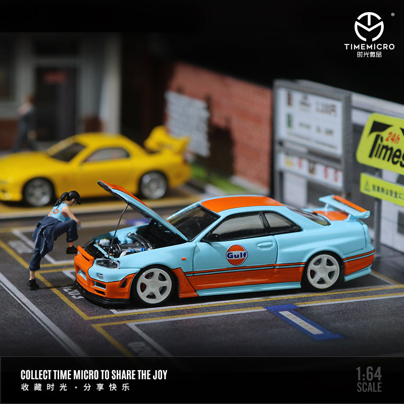Time Micro 1/64 Nissan Skyline GT-R R34 Open Bonnet Engine Hood Gulf Edition with Model Girl Miniature Figure