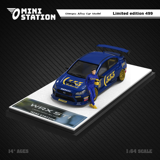 Mini Station 1/64 Subaru WRX STI 555 WRC Rally Car with Racer Miniature Figure
