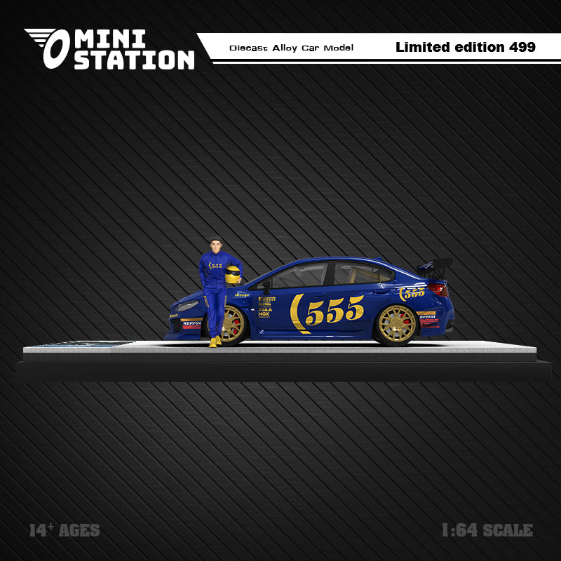 Mini Station 1/64 Subaru WRX STI 555 WRC Rally Car with Racer Miniature Figure