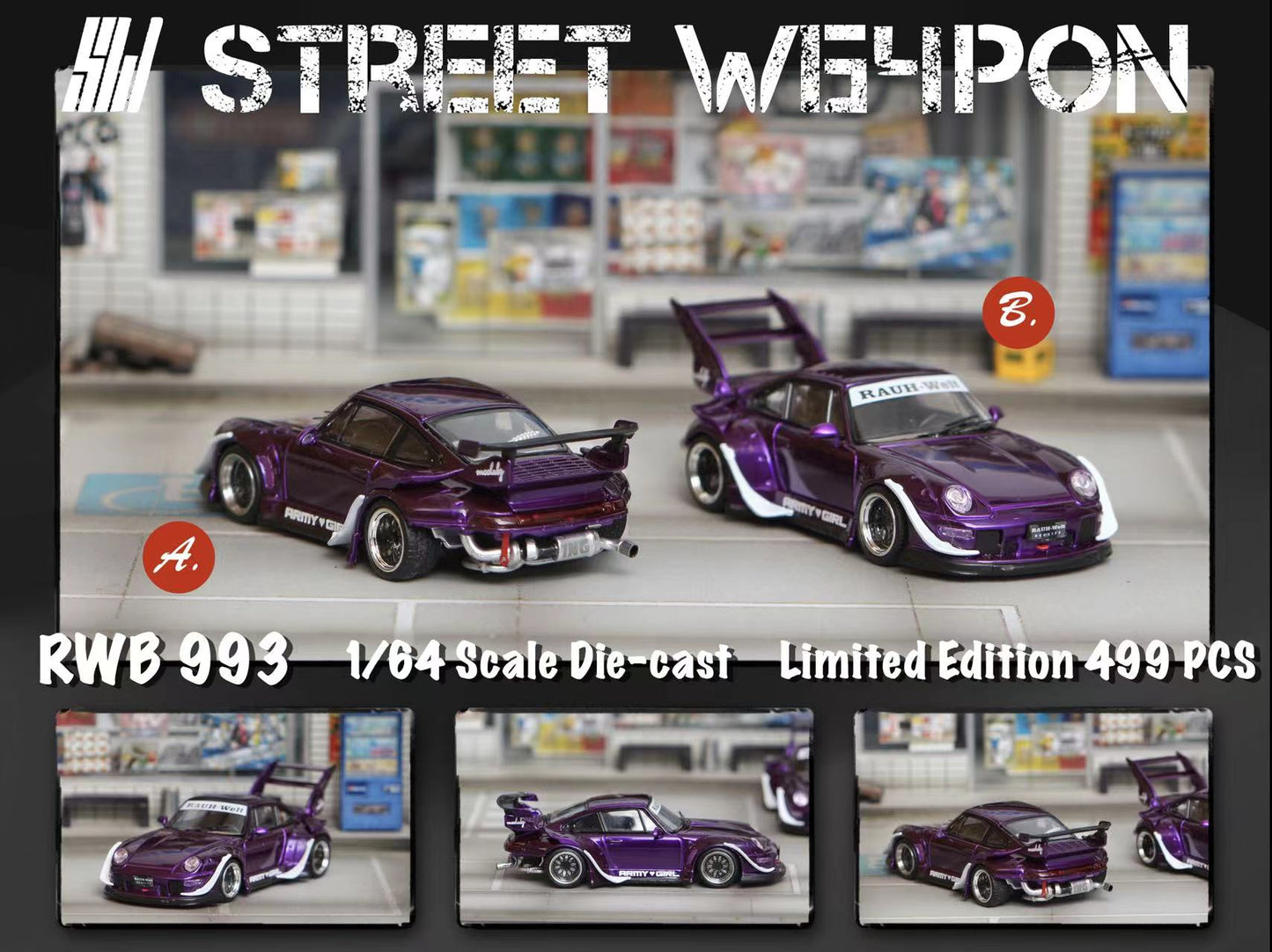 Street Weapon 1/64 Porsche RWB 993 Flash Purple High Tail Spoiler Edition (Option B)