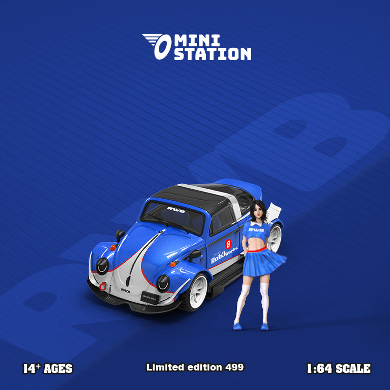 Mini Station 1/64 Volkswagen Beetle RWB Targa Blue and White with Model Girl Figure