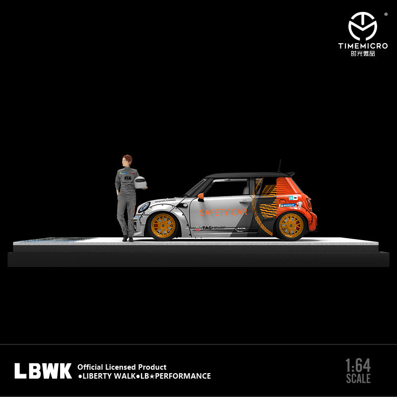 Time Micro 1/64 Mini Cooper Safety Car Orange Wheels Edition with Girl Racer Figure