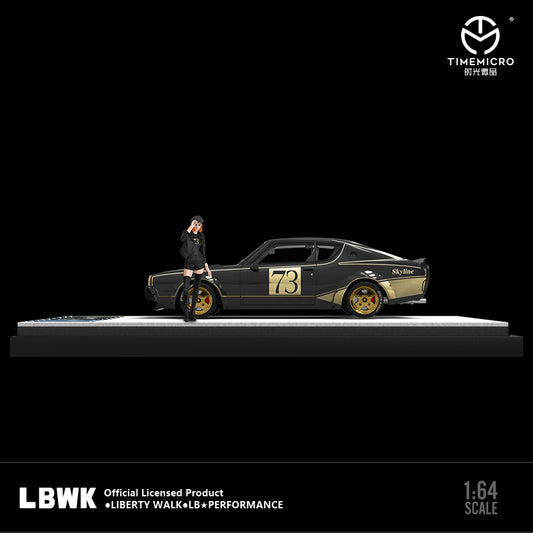 Time Micro 1/64 Nissan Skyline 2000GT-R KPGC110 LBWK Liberty Walk #73 Black with model girl miniature figure