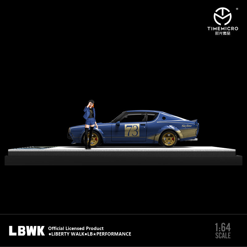 Time Micro 1/64 Nissan Skyline 2000GT-R KPGC110 LBWK Liberty Walk #73 Blue with model girl miniature figure