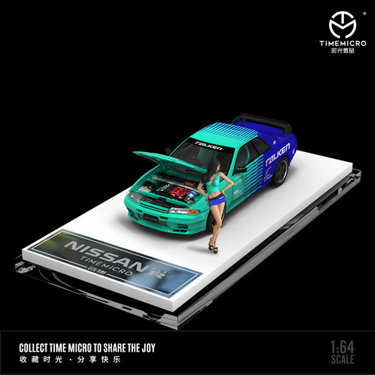 Time Micro 1/64 Nissan Skyline GT-R R32 Open Bonnet Engine Hood -Falken Edition with Model Girl Figure