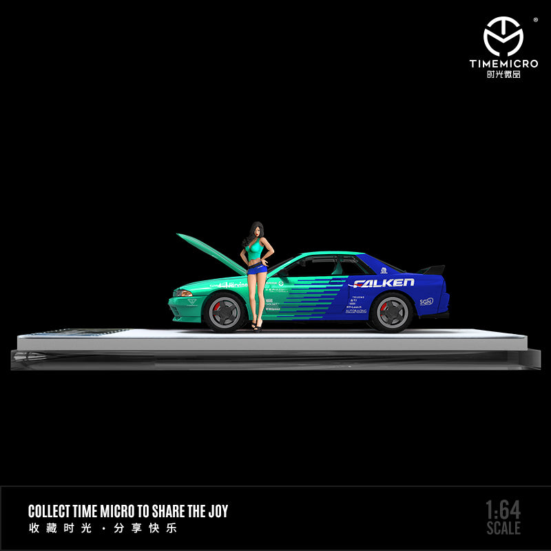 Time Micro 1/64 Nissan Skyline GT-R R32 Open Bonnet Engine Hood -Falken Edition with Model Girl Figure