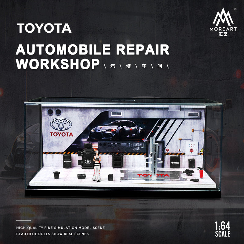 MoreArt 1/64 Automobile Repair Workshop Garage Diorama with Tools and Figure Set- Toyota Edition