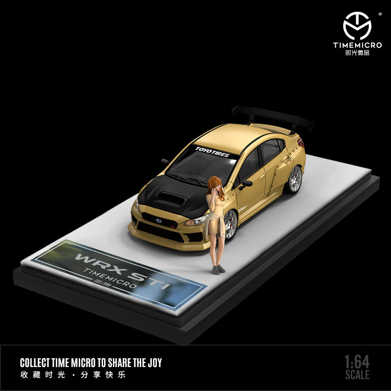 Time Micro 1:64 Subaru WRX STI Gold with Black Carbon Hood with Model Girl Figure