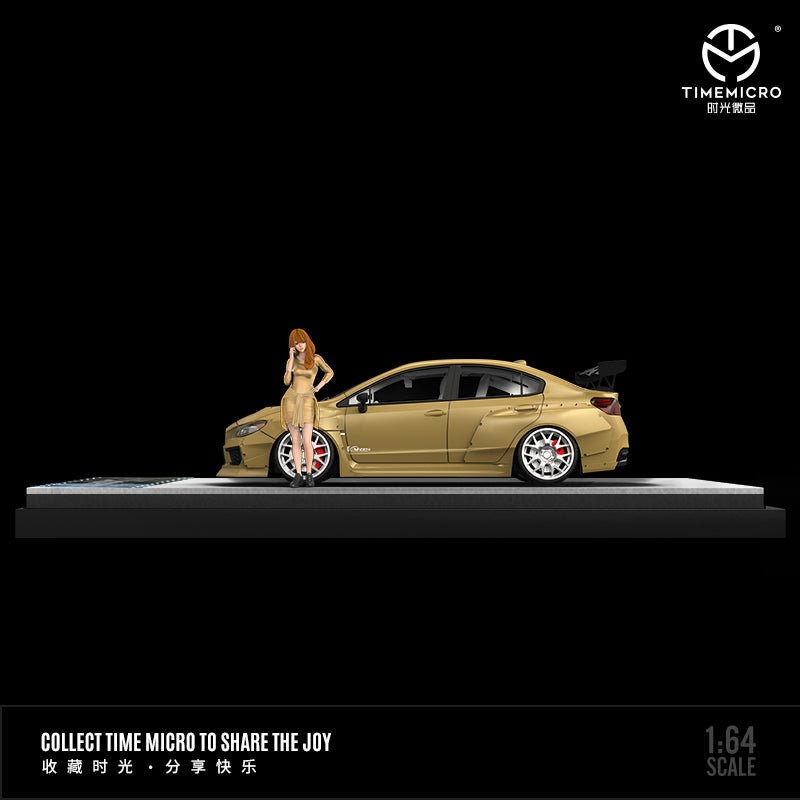 Time Micro 1:64 Subaru WRX STI Gold with Black Carbon Hood with Model Girl Figure