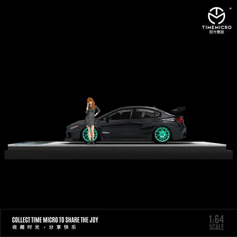 Time Micro 1:64 Subaru WRX STI Black with Black Carbon Hood with Model Girl Figure