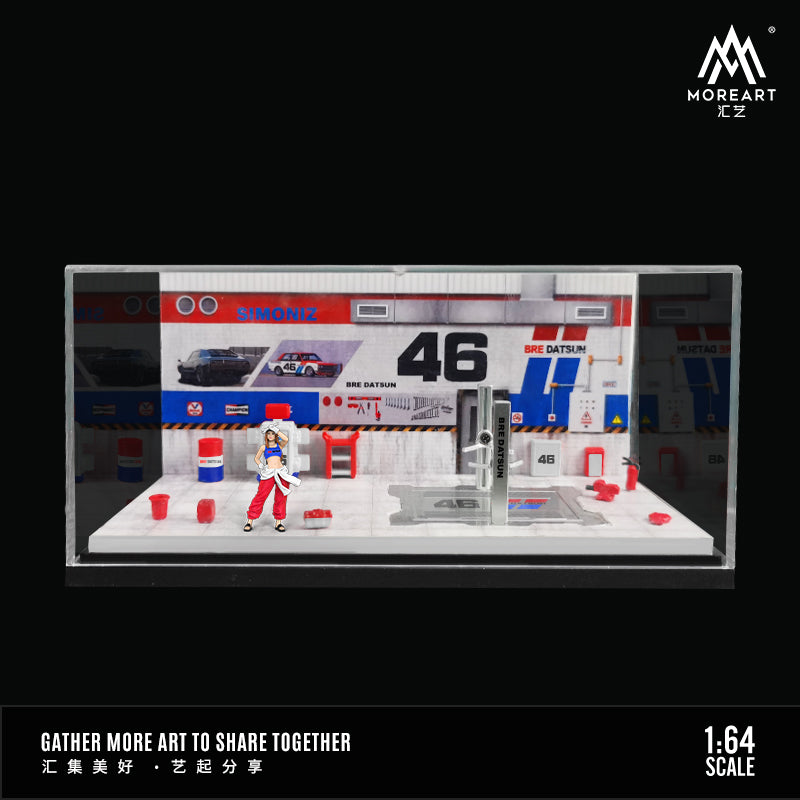 MoreArt 1/64 Automobile Repair Workshop Garage Diorama with Tools and Figure Set- BRE Datsun Edition