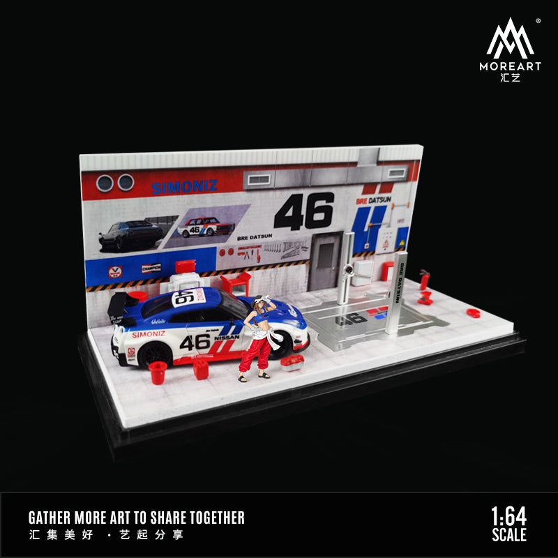 MoreArt 1/64 Automobile Repair Workshop Garage Diorama with Tools and Figure Set- BRE Datsun Edition