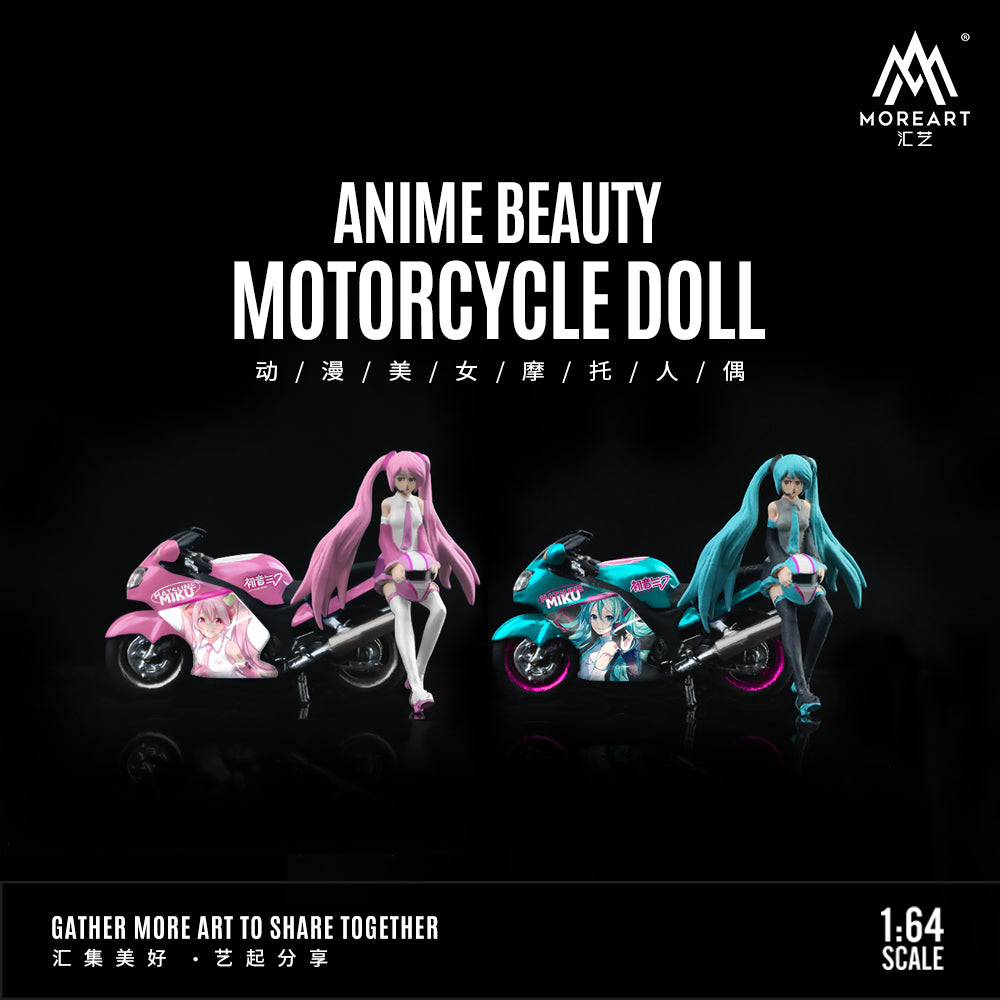 MoreArt 1:64 Anime Beauty Motorcycle Doll Japanese Hatsune Miku Blue Hair Figure with Motorcycle
