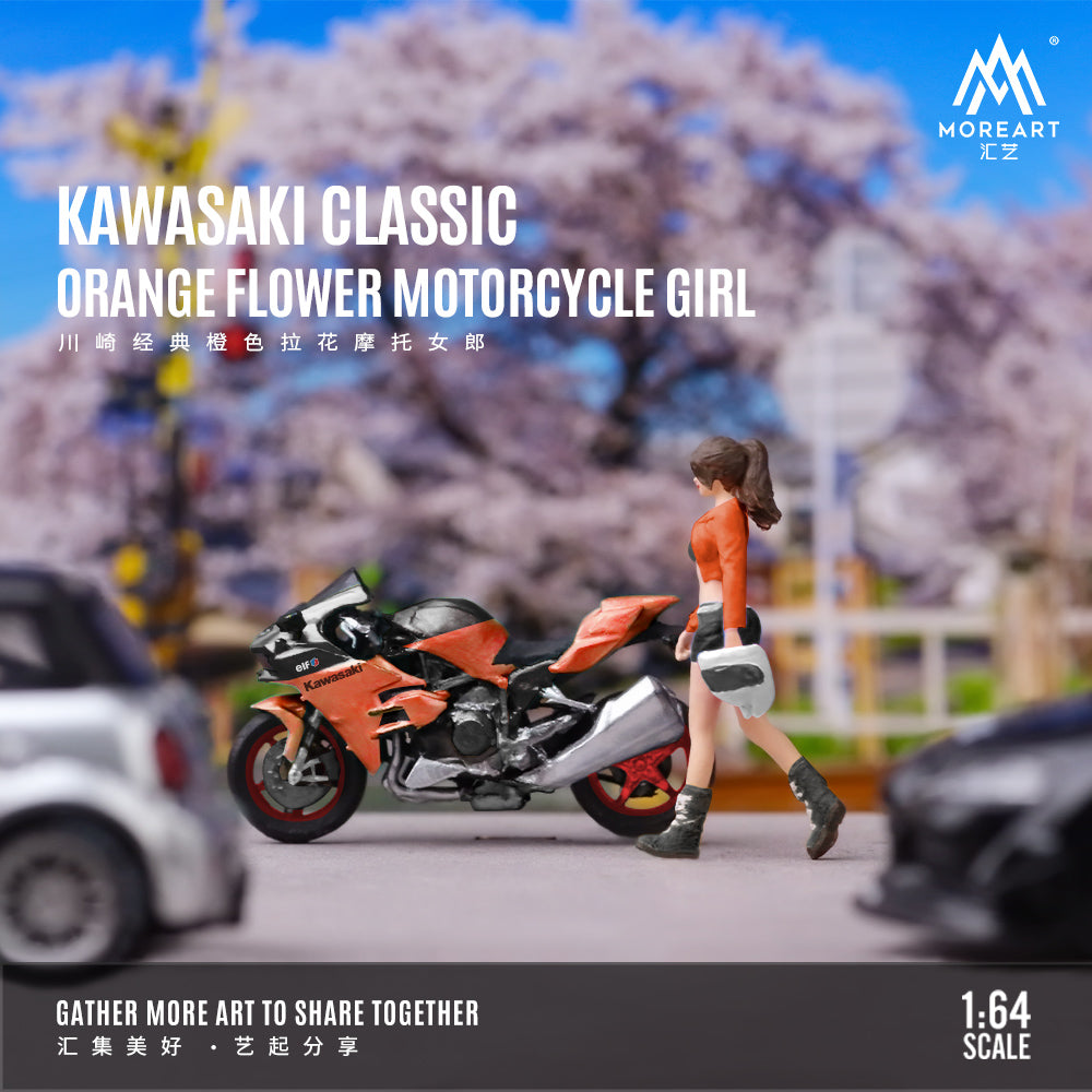 MoreArt 1:64 Kawasaki Classic Orange Motorcycle Doll Set (1 Motorcycle + 1 Figure)