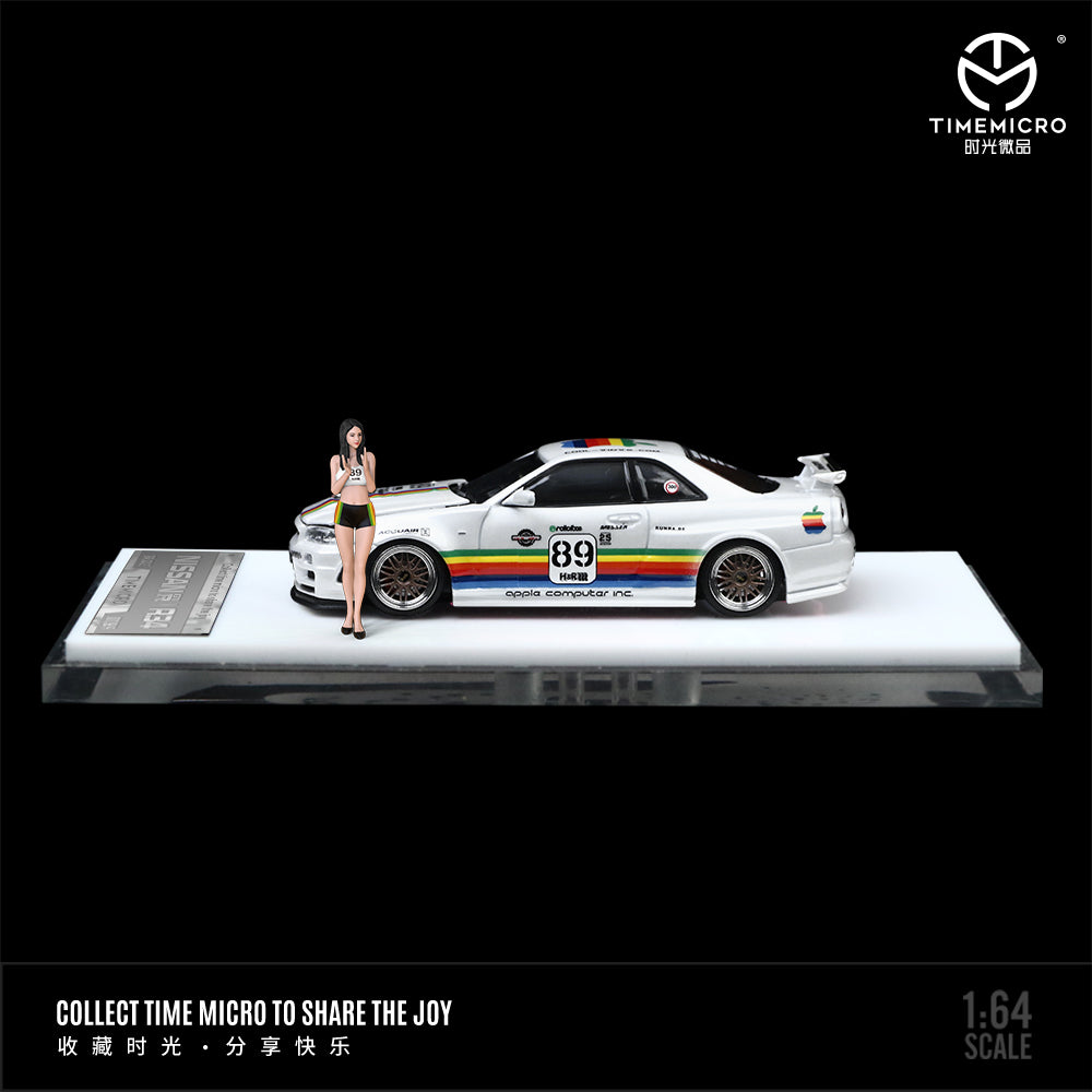 Time Micro 1:64 Nissan Skyline GT-R34 White Apple Edition Openable Engine Hood with Model Girl Figure