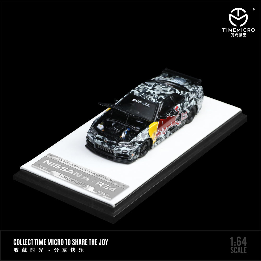 Time Micro 1:64 Nissan Skyline GT-R34 Red Bull Camouflage Edition Openable Engine Hood