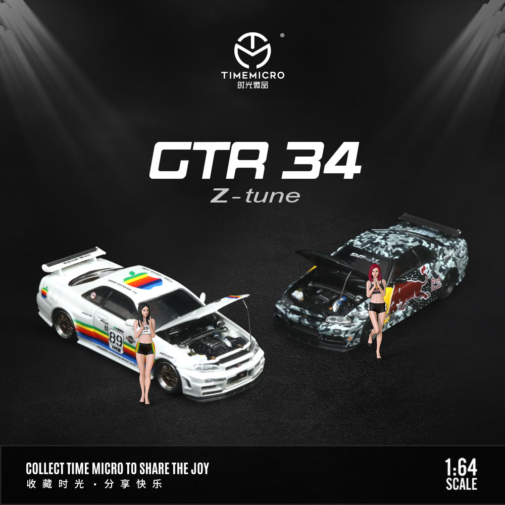 Time Micro 1:64 Nissan Skyline GT-R34 Red Bull Camouflage Edition Openable Engine Hood with Model Girl Figure