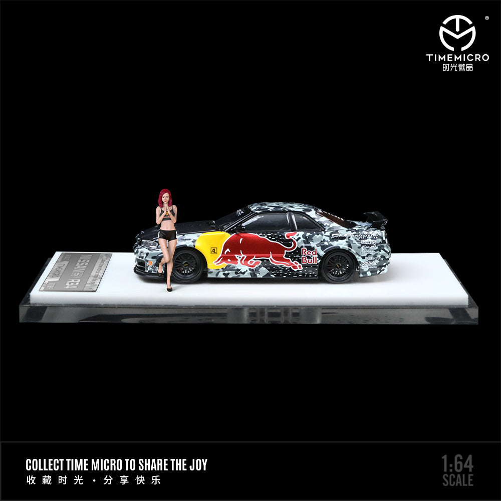 Time Micro 1:64 Nissan Skyline GT-R34 Red Bull Camouflage Edition Openable Engine Hood with Model Girl Figure