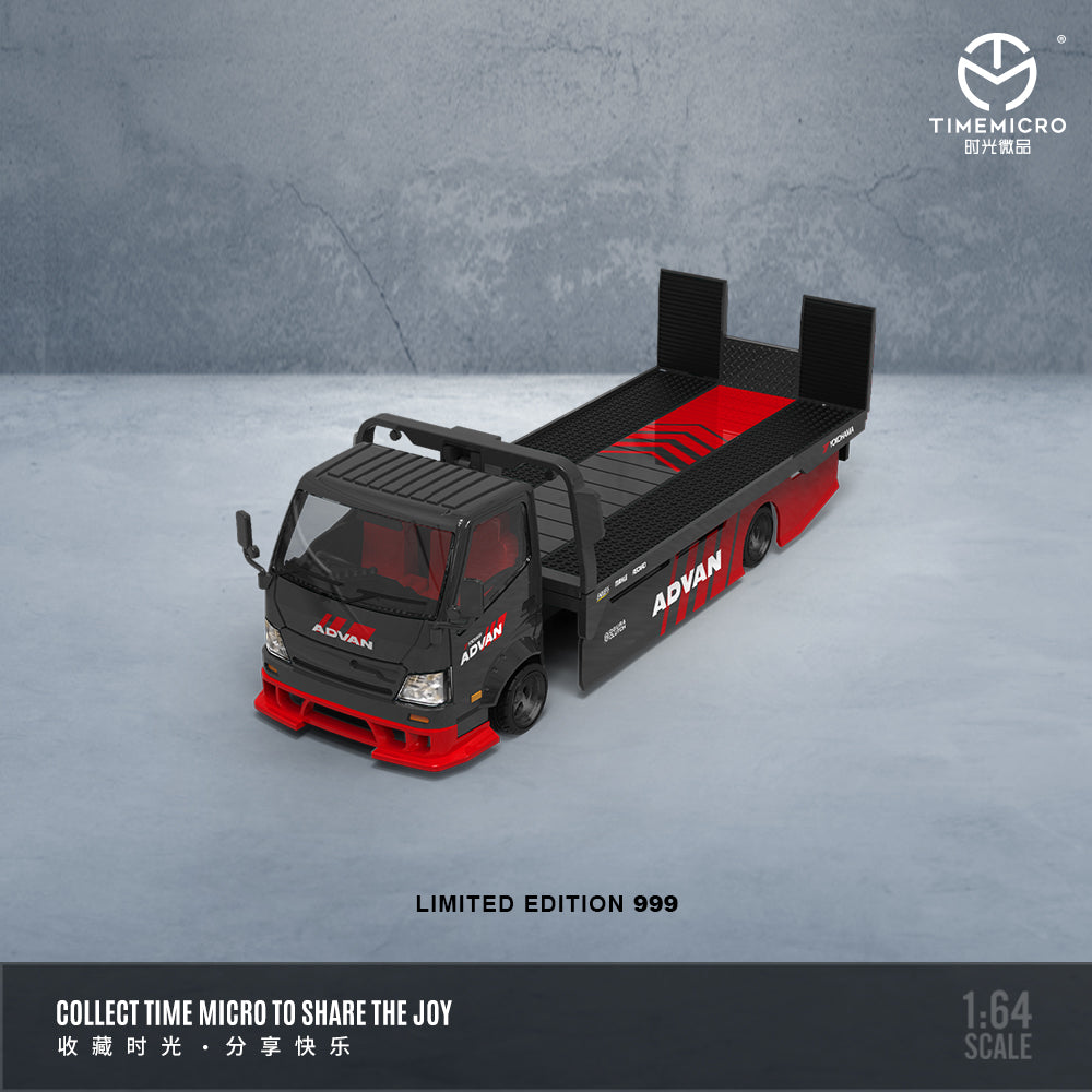 Time Micro 1/64 Hino H300 Flat bed Transport Trailer Truck Extendable Flat Bed Advan Edition + Nissan Skyline GT-R R34 Openable Front Hood Detailed Engine + Model Girl Figure Full Set
