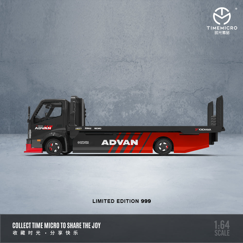Time Micro 1/64 Hino H300 Flat bed Transport Trailer Truck Extendable Flat Bed Advan Edition + Nissan Skyline GT-R R34 Openable Front Hood Detailed Engine + Model Girl Figure Full Set