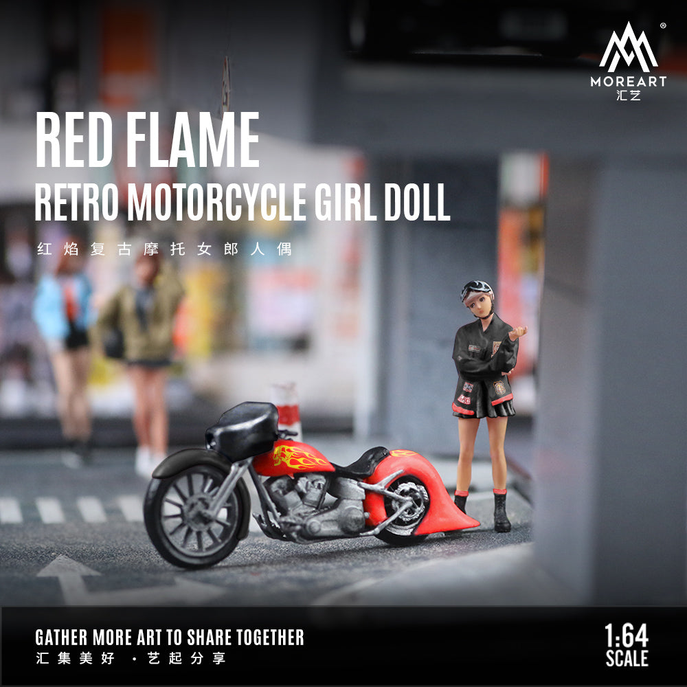 MoreArt 1:64 Red Flame Retro Motorcycle Doll Set (1 Motorcycle + 1 Figure)