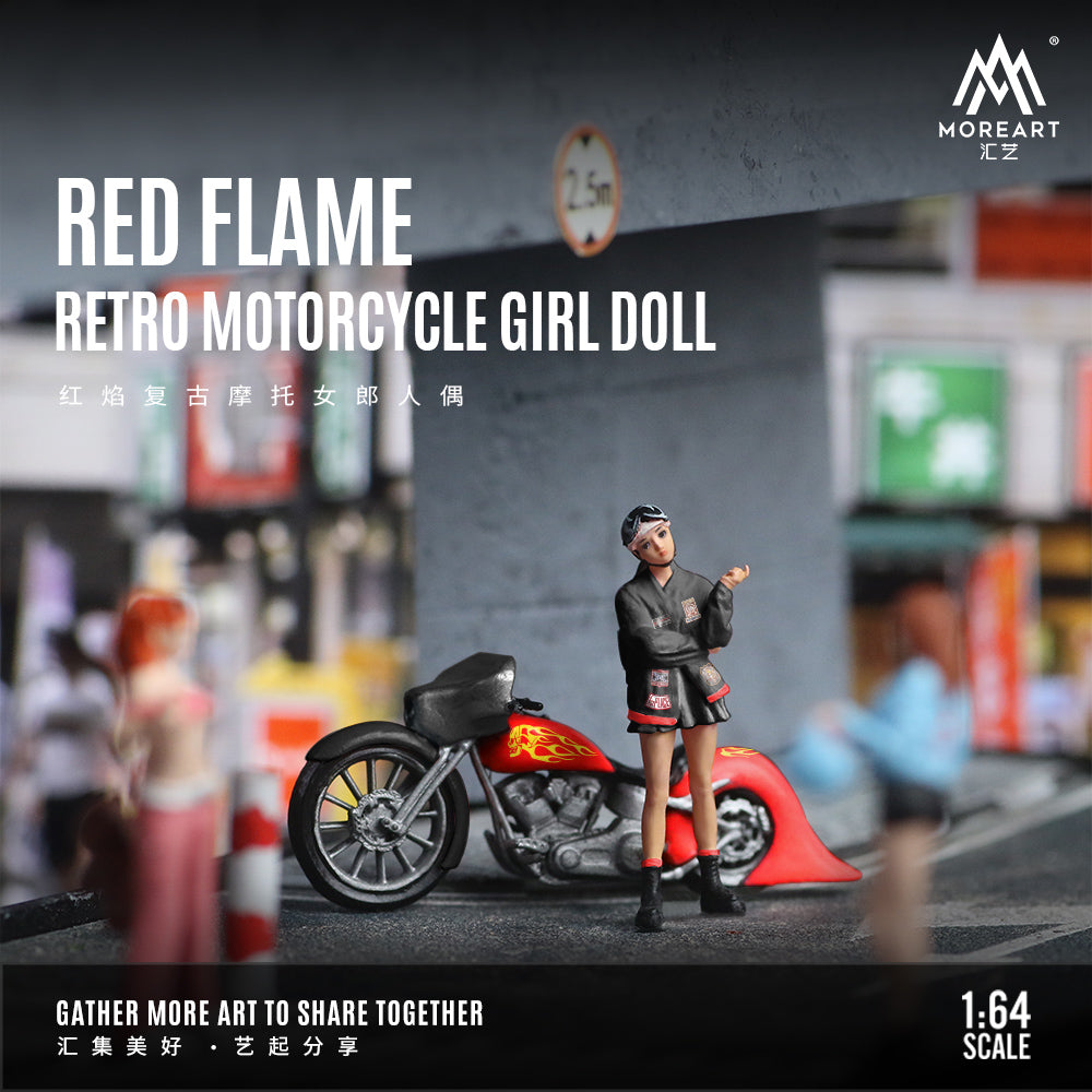MoreArt 1:64 Red Flame Retro Motorcycle Doll Set (1 Motorcycle + 1 Figure)