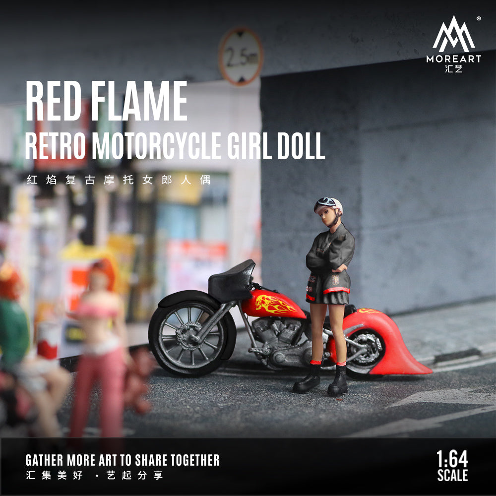 MoreArt 1:64 Red Flame Retro Motorcycle Doll Set (1 Motorcycle + 1 Figure)