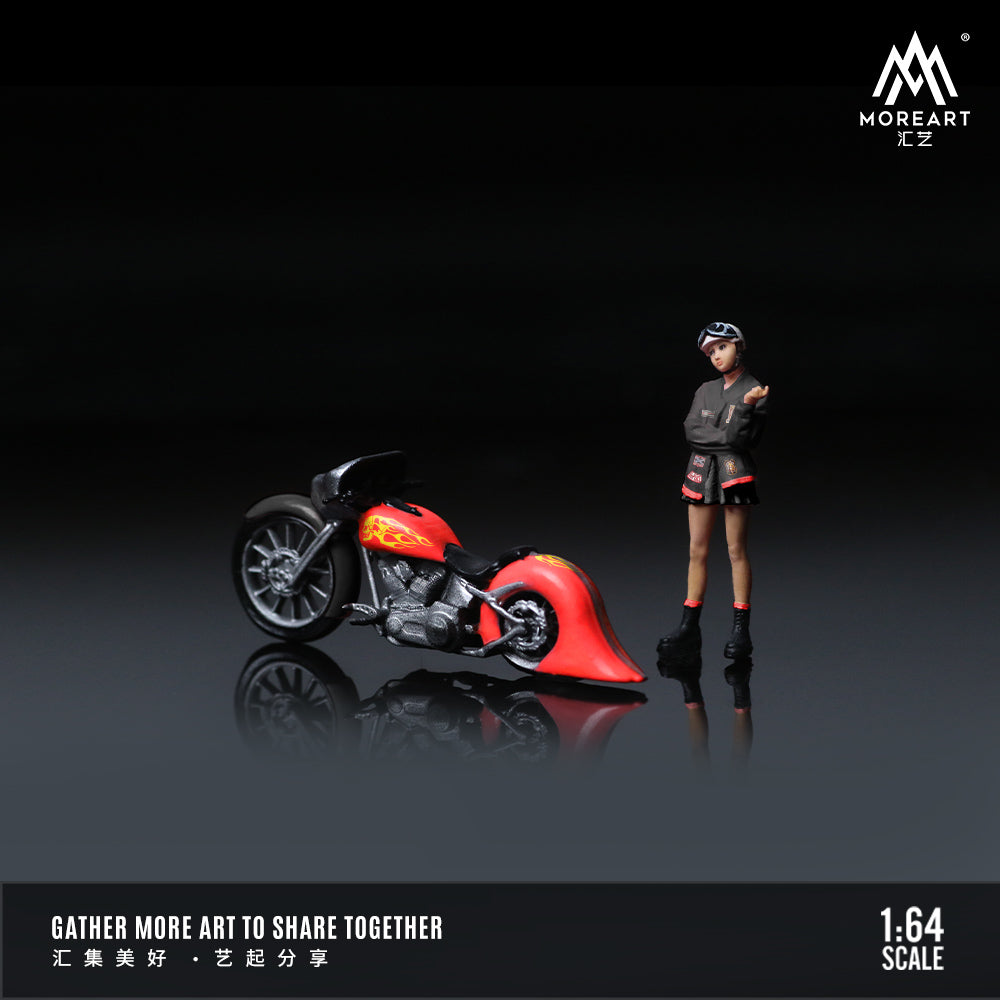 MoreArt 1:64 Red Flame Retro Motorcycle Doll Set (1 Motorcycle + 1 Figure)