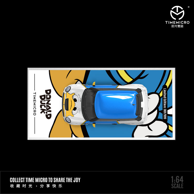 Time Micro 1/64 Hino H300 Flat bed Transport Trailer Truck Extendable Flat Bed Donald Duck Edition + Mini Cooper + Model Girl Figure Full Set
