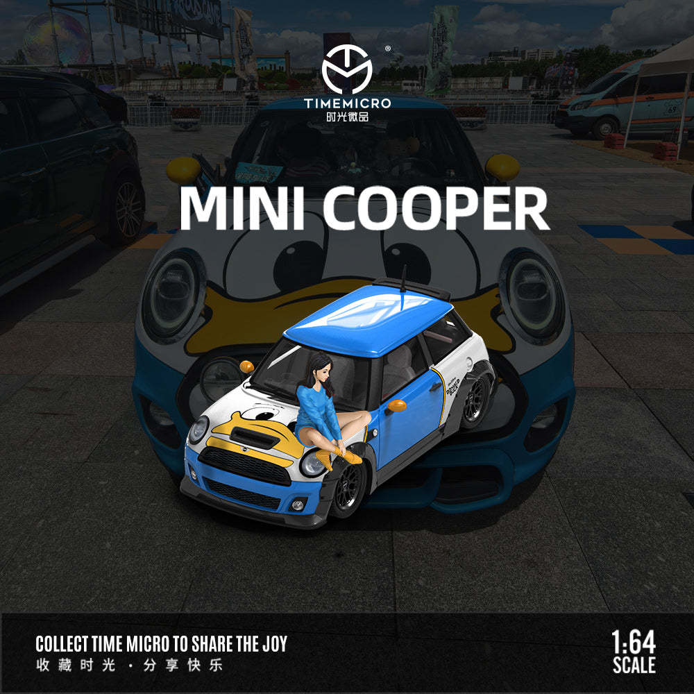 Time Micro 1/64 Hino H300 Flat bed Transport Trailer Truck Extendable Flat Bed Donald Duck Edition + Mini Cooper + Model Girl Figure Full Set
