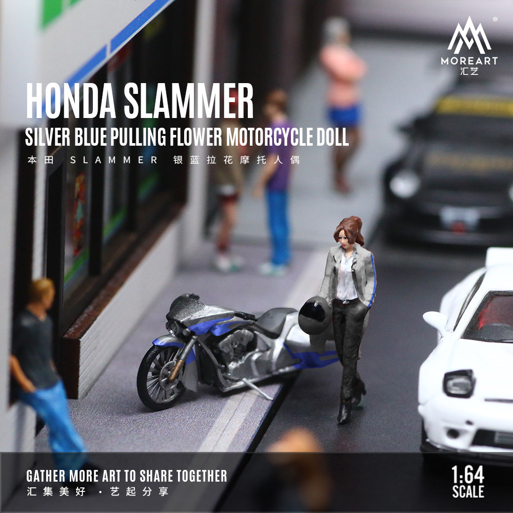 MoreArt 1:64 Honda Slammer Silver Blue Motorcycle Doll Set (1 Motorcycle + 1 Figure)