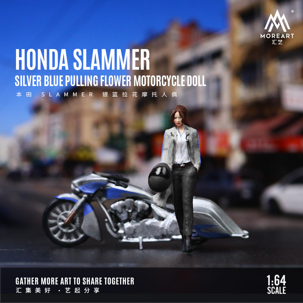 MoreArt 1:64 Honda Slammer Silver Blue Motorcycle Doll Set (1 Motorcycle + 1 Figure)