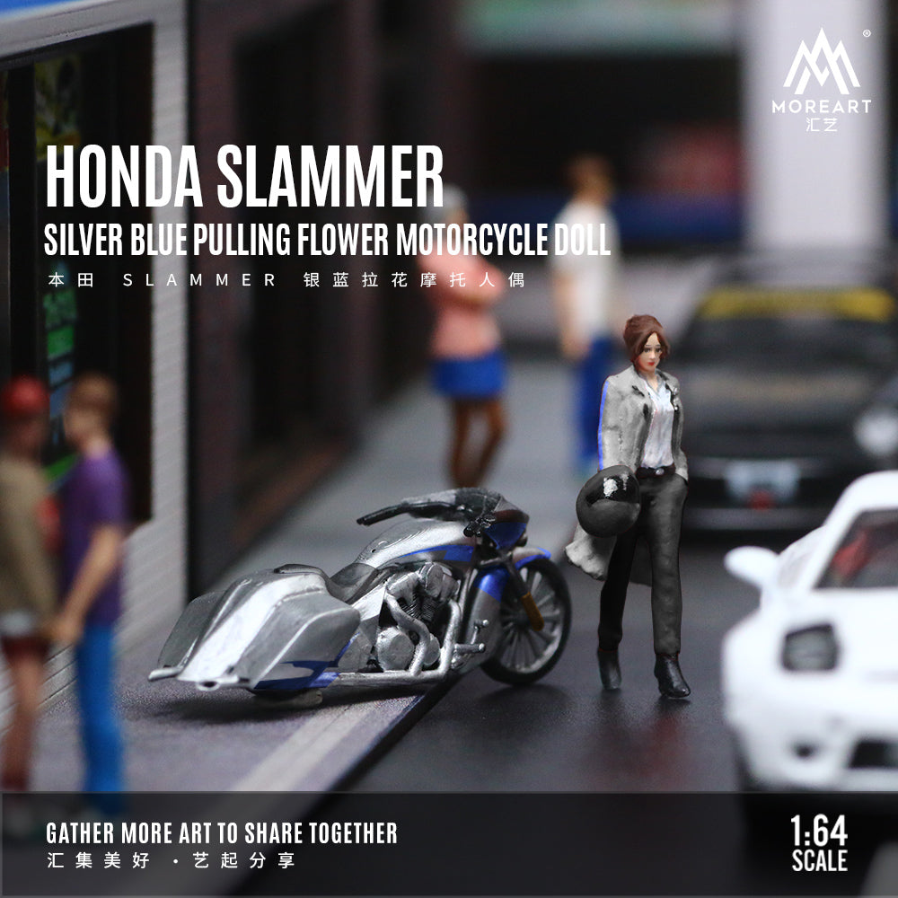 MoreArt 1:64 Honda Slammer Silver Blue Motorcycle Doll Set (1 Motorcycle + 1 Figure)
