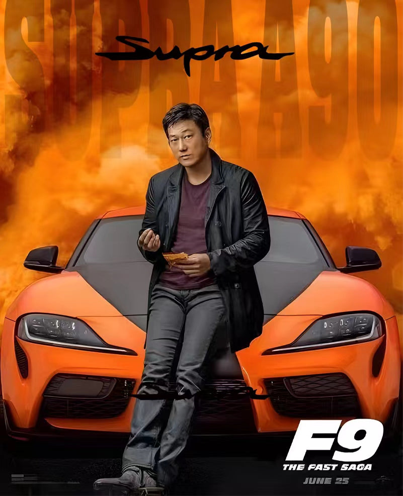 Original Model 1:64 Toyota Supra A90 Fast and Furious 9 Orange and Black with Han Model Figure