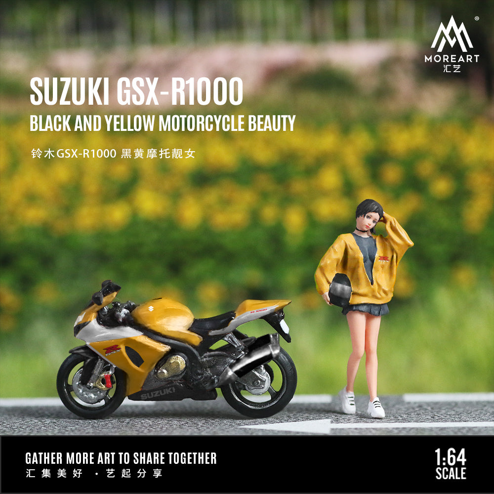MoreArt 1:64 Suzuki GSX-R1000 Black and Yellow Motorcycle Beauty Doll Set (1 Motorcycle + 1 Figure)