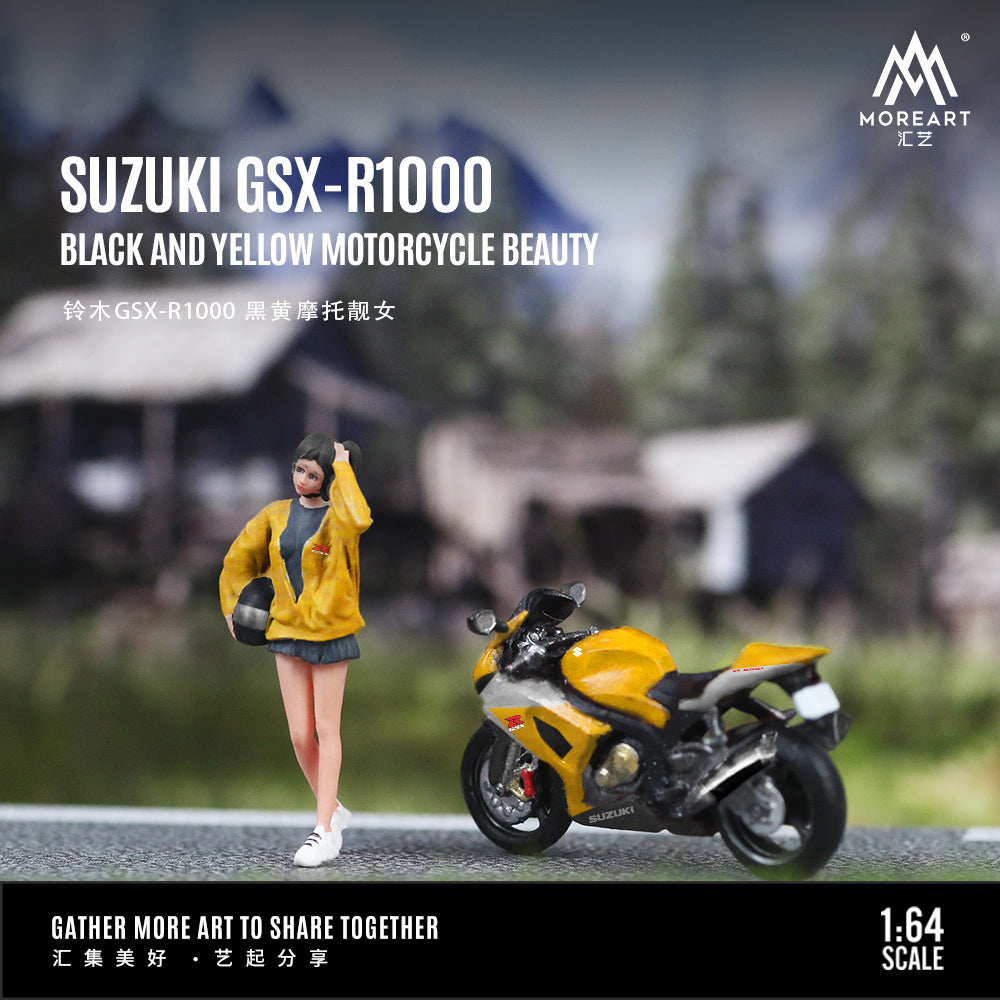 MoreArt 1:64 Suzuki GSX-R1000 Black and Yellow Motorcycle Beauty Doll Set (1 Motorcycle + 1 Figure)