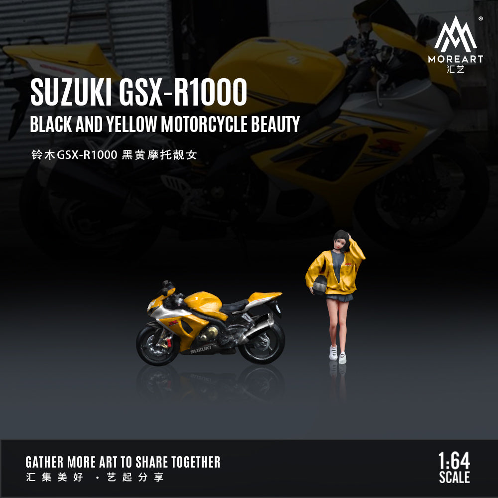MoreArt 1:64 Suzuki GSX-R1000 Black and Yellow Motorcycle Beauty Doll Set (1 Motorcycle + 1 Figure)