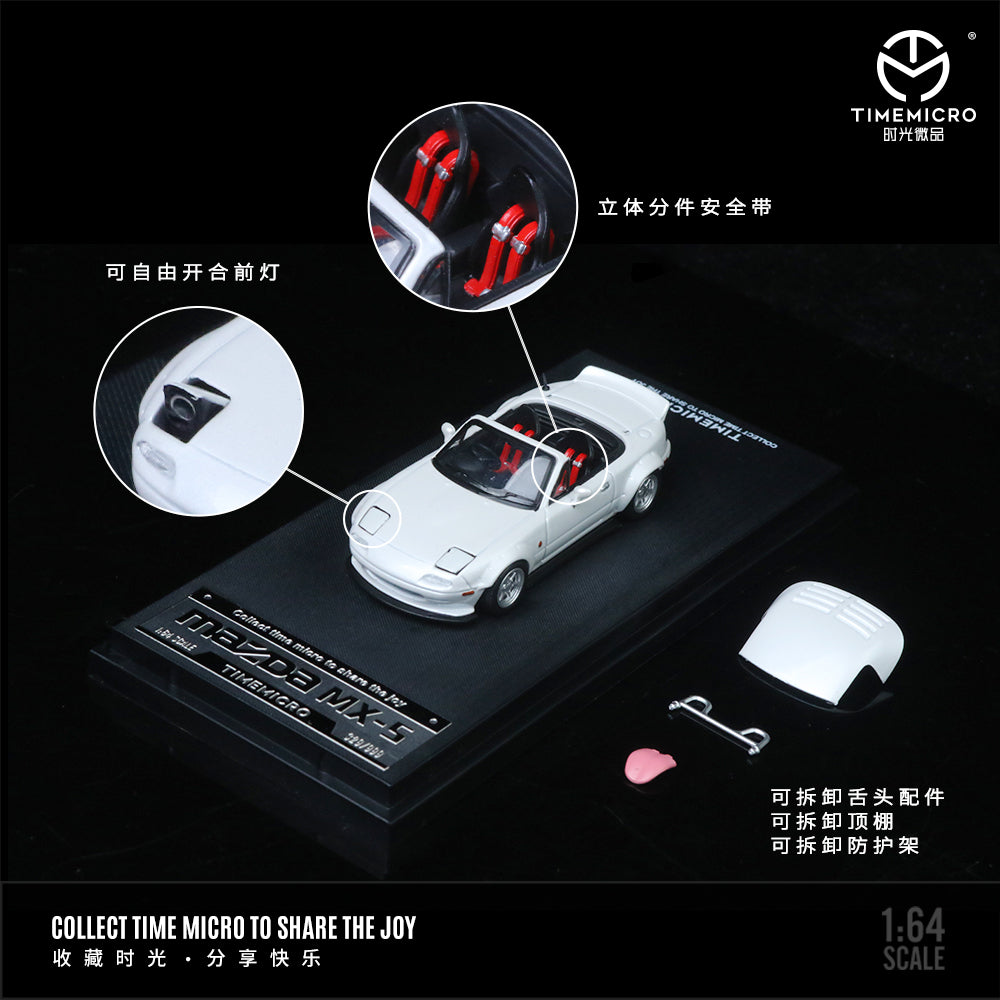 Time Micro 1:64 Mazda MX5 MX-5 White Foldable Head Lights Removable Roof with Model Girl Figure
