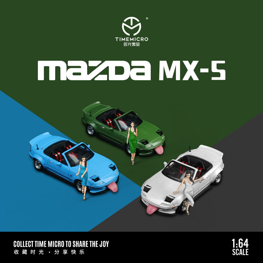 Time Micro 1:64 Mazda MX5 MX-5 White Foldable Head Lights Removable Roof with Model Girl Figure