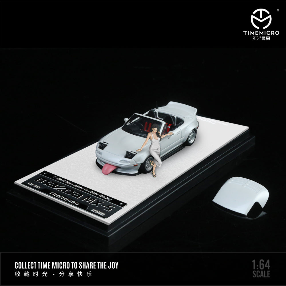 Time Micro 1:64 Mazda MX5 MX-5 White Foldable Head Lights Removable Roof with Model Girl Figure