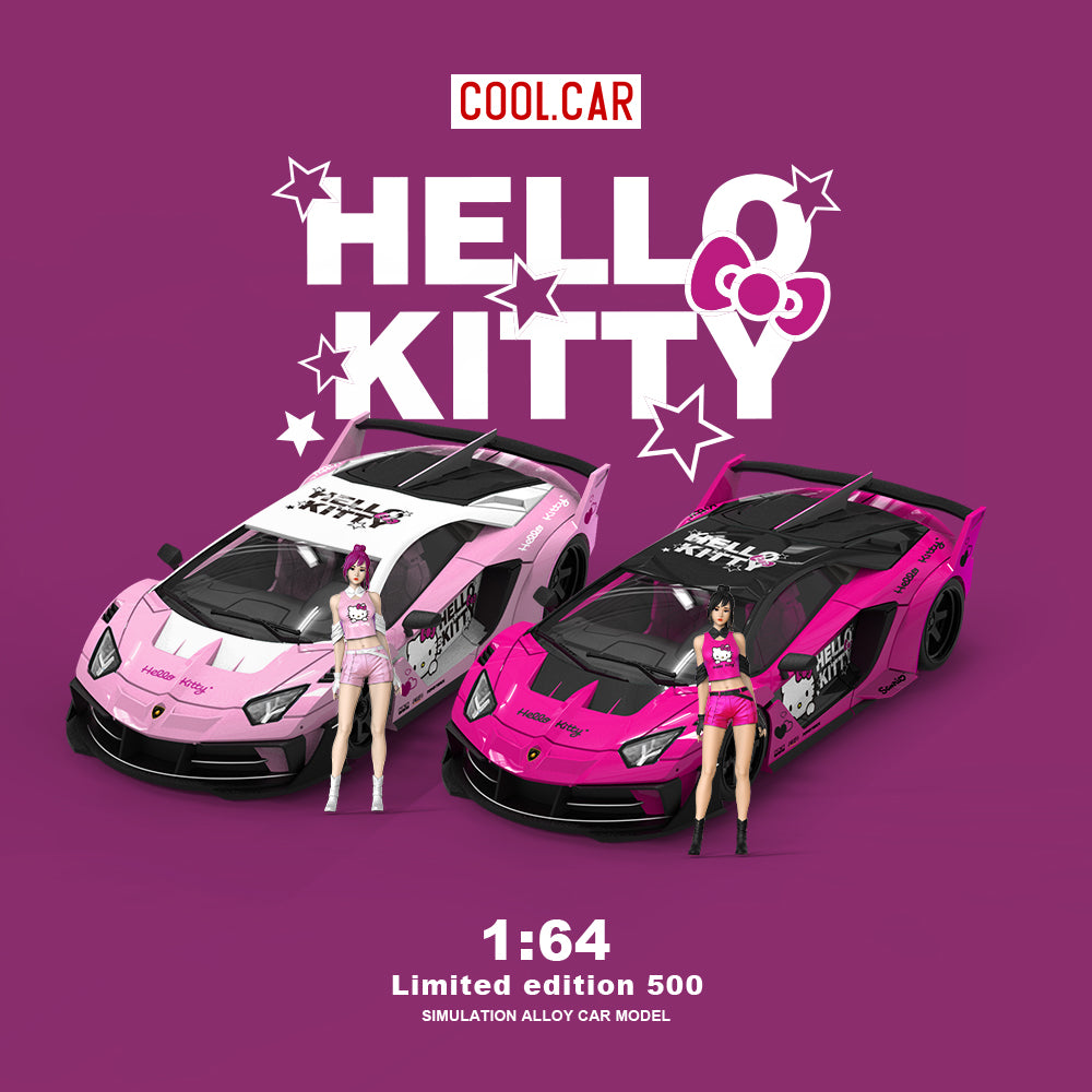 Cool.Car 1:64 Lamborghini Aventador GT EVO Hello Kitty Edition Dark Pink and White with Model Girl Figure