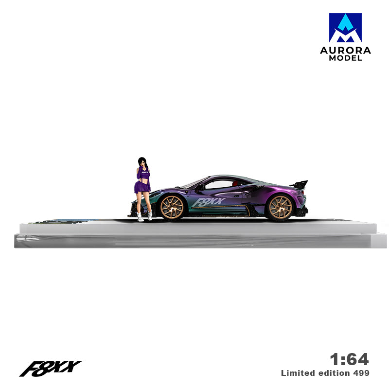 Aurora Model 1:64 Ferrari F8 F8XX Mansory Custom Metallic Chameleon Colours with Model Girl Figure