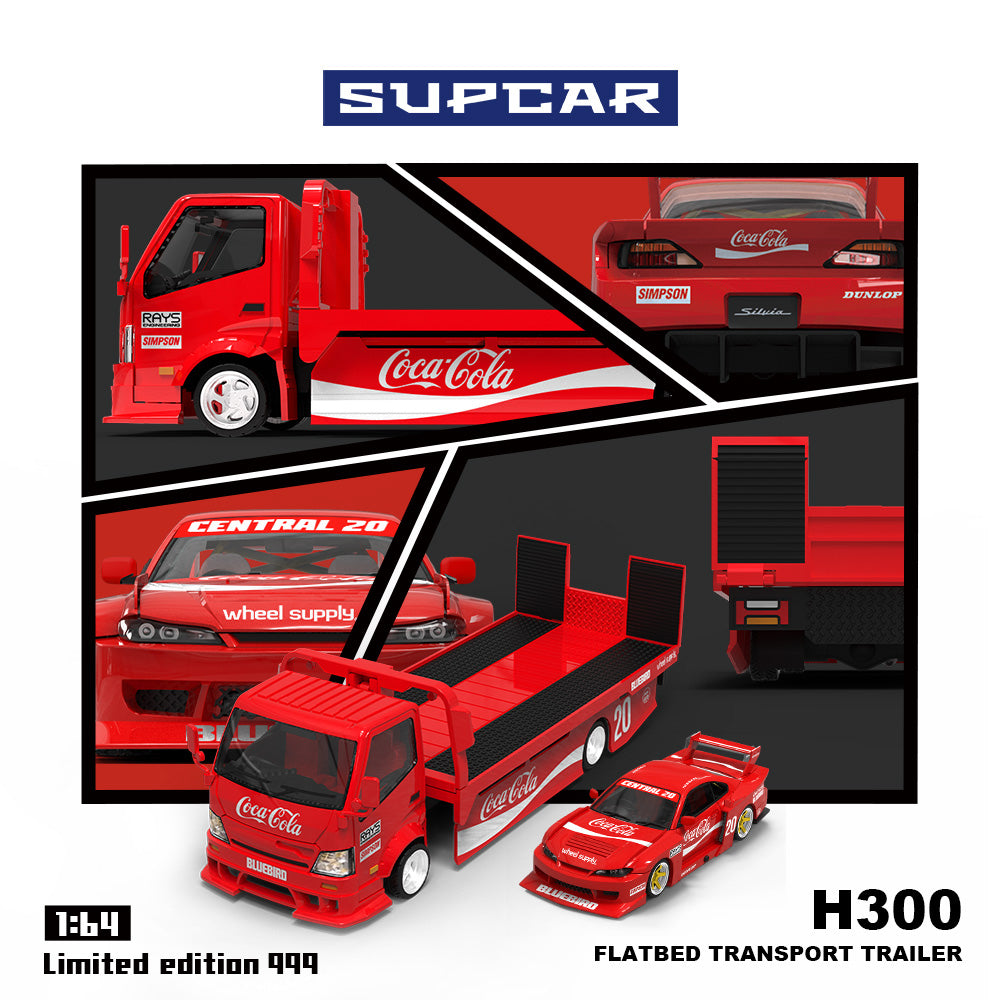 Supcar 1:64 Hino H300 Flat Bed Transport Trailer Truck Extendable Flat Bed + Nissan Silvia S15 Openable Engine Hood Coca Cola Edition Full Set
