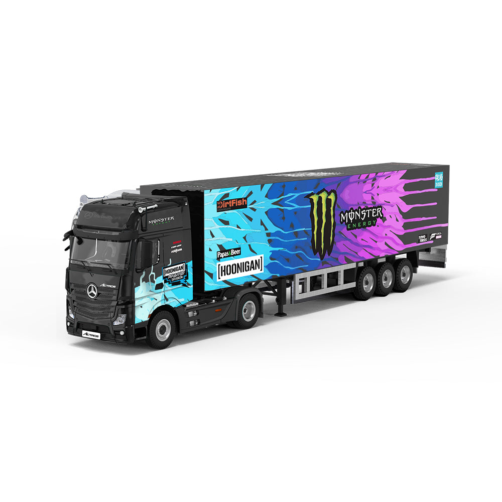 Time Micro 1:64 Mercedes Benz Actros Container Truck Monster Energy Black Edition + Lamborghini Aventador GT EVO + Nissan GT-R KPGC110 + 2 Figures Full Set
