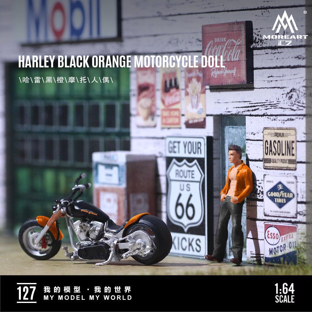 MoreArt 1:64 Harley-Davidson Black Orange Motorcycle Doll Set (1 Motorcycle + 1 Figure)